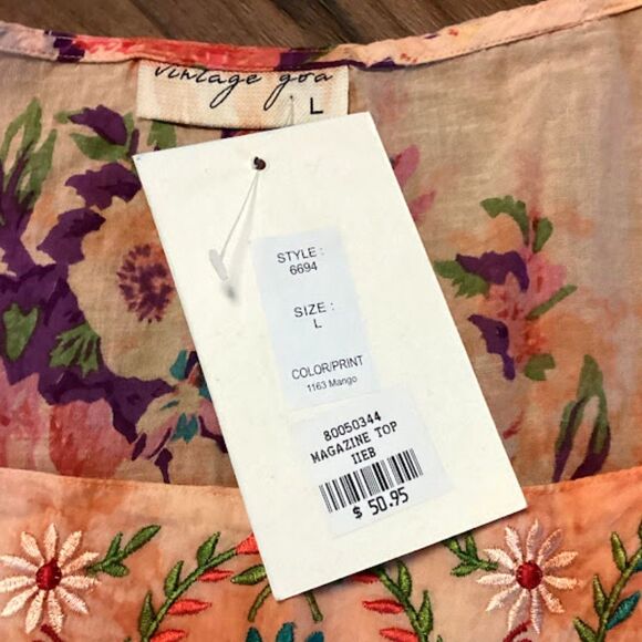 Vintage NWT  Goa Square Neck Floral Embroidered Boho Top in Mango ~ Large - Picture 8 of 11